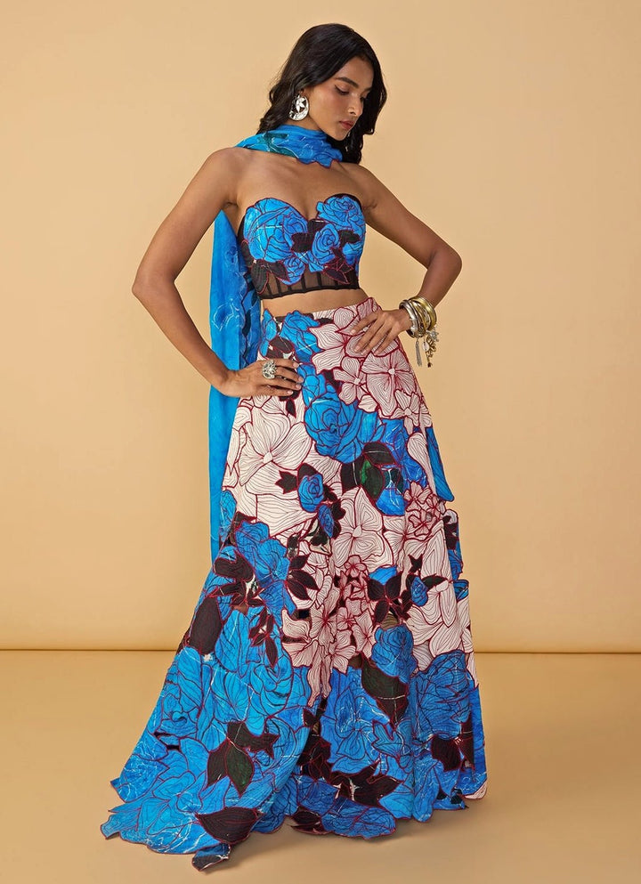 Blue Multicolour Printed Corset Lehenga Set Saaksha &amp; Kinni - Fabilicious Fashion