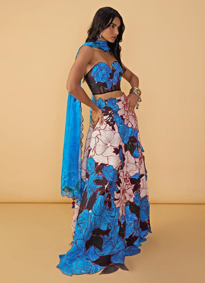 Blue Multicolour Printed Corset Lehenga Set Saaksha &amp; Kinni - Fabilicious Fashion