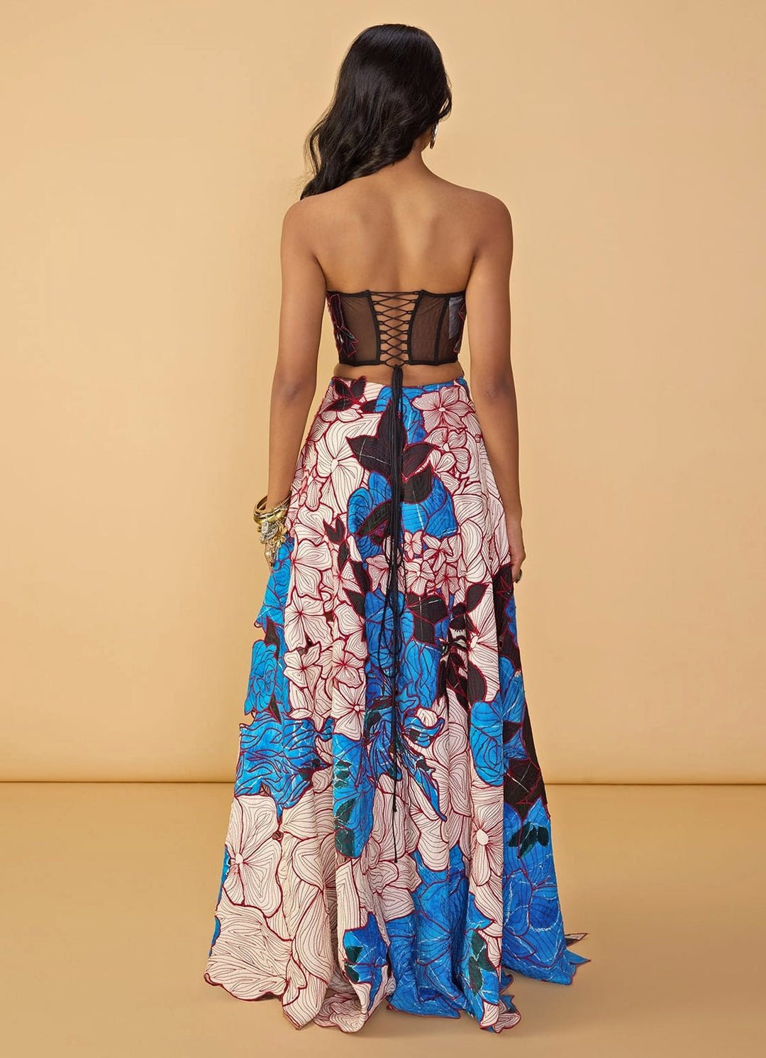 Blue Multicolour Printed Corset Lehenga Set Saaksha &amp; Kinni - Fabilicious Fashion