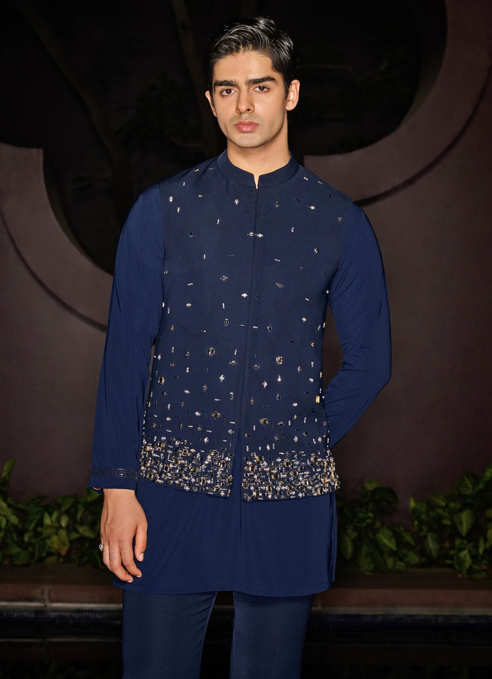 Blue Nehru Jacket Set With Crystal and Stonework Contrast By Parth - Fabilicious Fashion