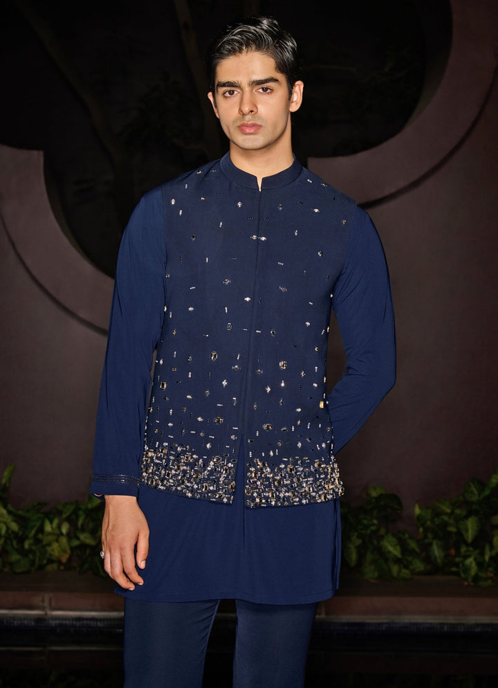 Blue Nehru Jacket Set With Crystal and Stonework Contrast By Parth - Fabilicious Fashion