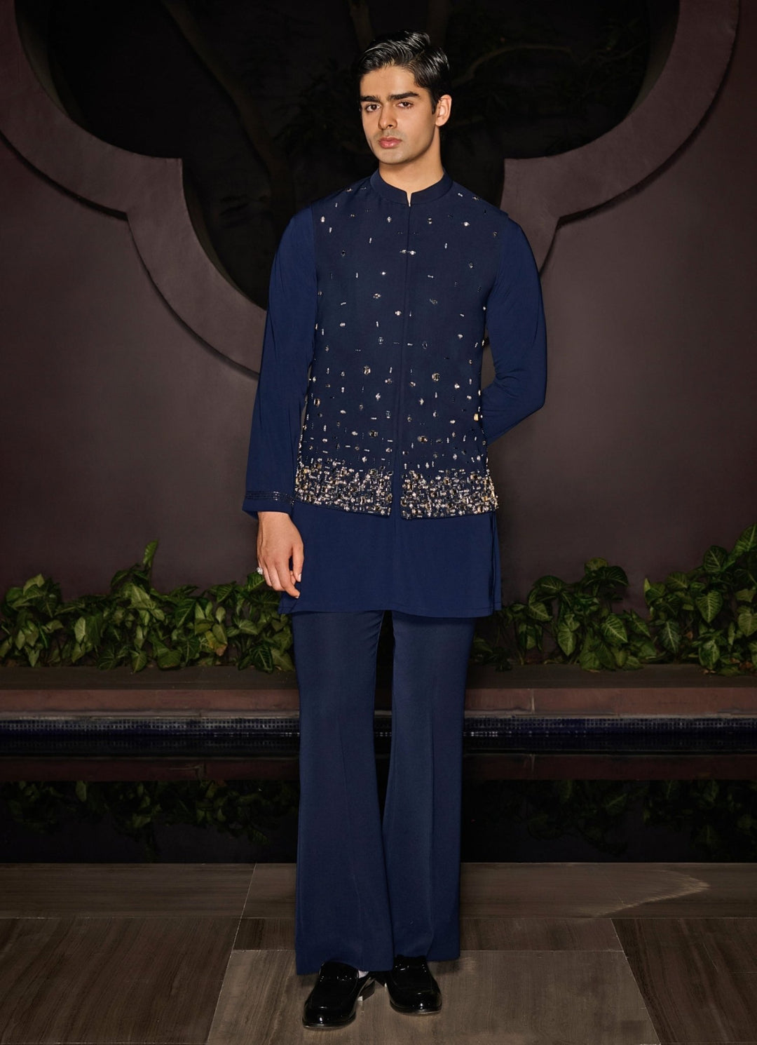 Blue Nehru Jacket Set With Crystal and Stonework Contrast By Parth - Fabilicious Fashion
