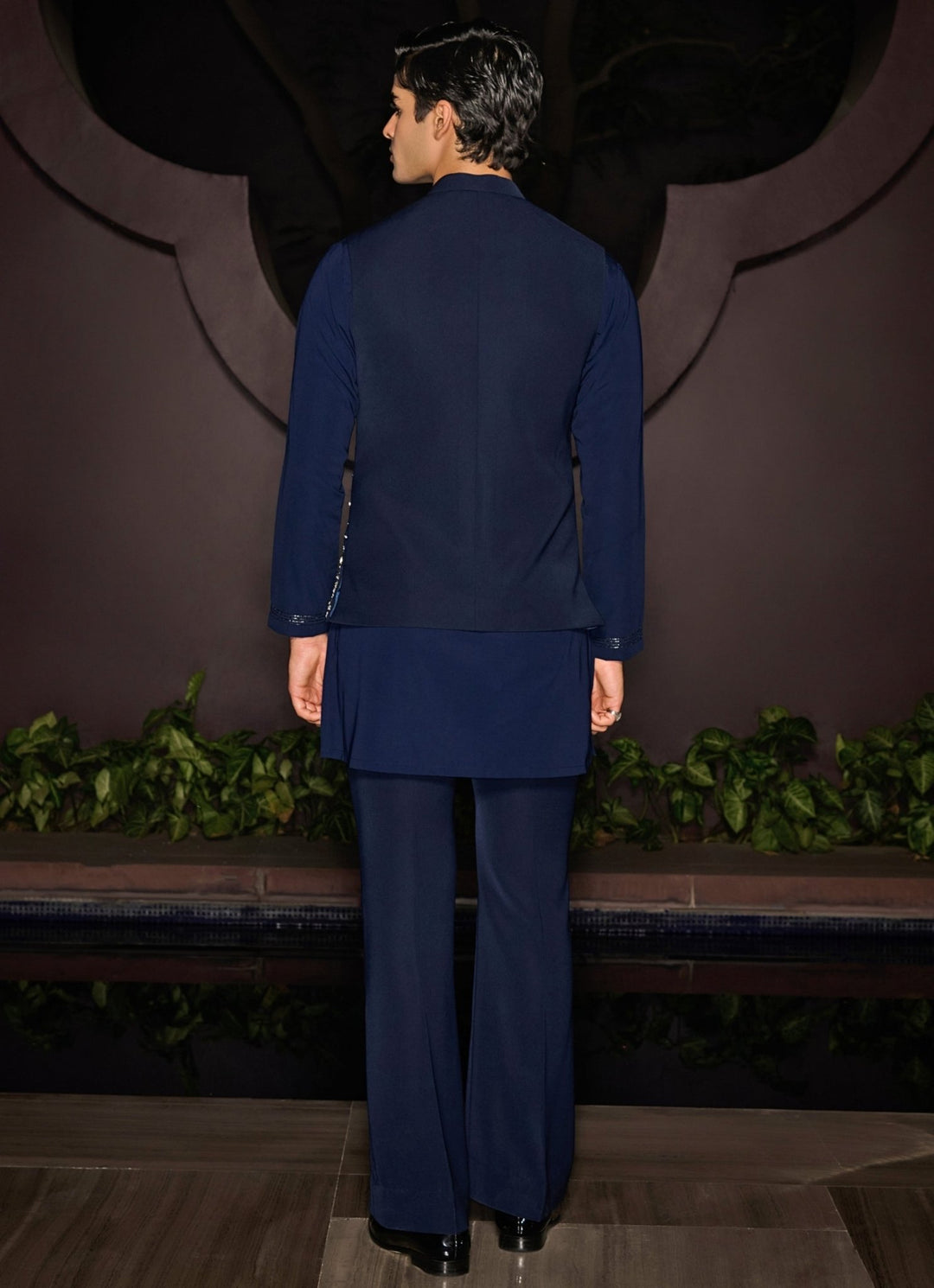 Blue Nehru Jacket Set With Crystal and Stonework Contrast By Parth - Fabilicious Fashion