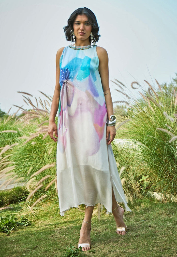 Blue &amp; Off White Chiffon Dress Basil Leaf - Fabilicious Fashion