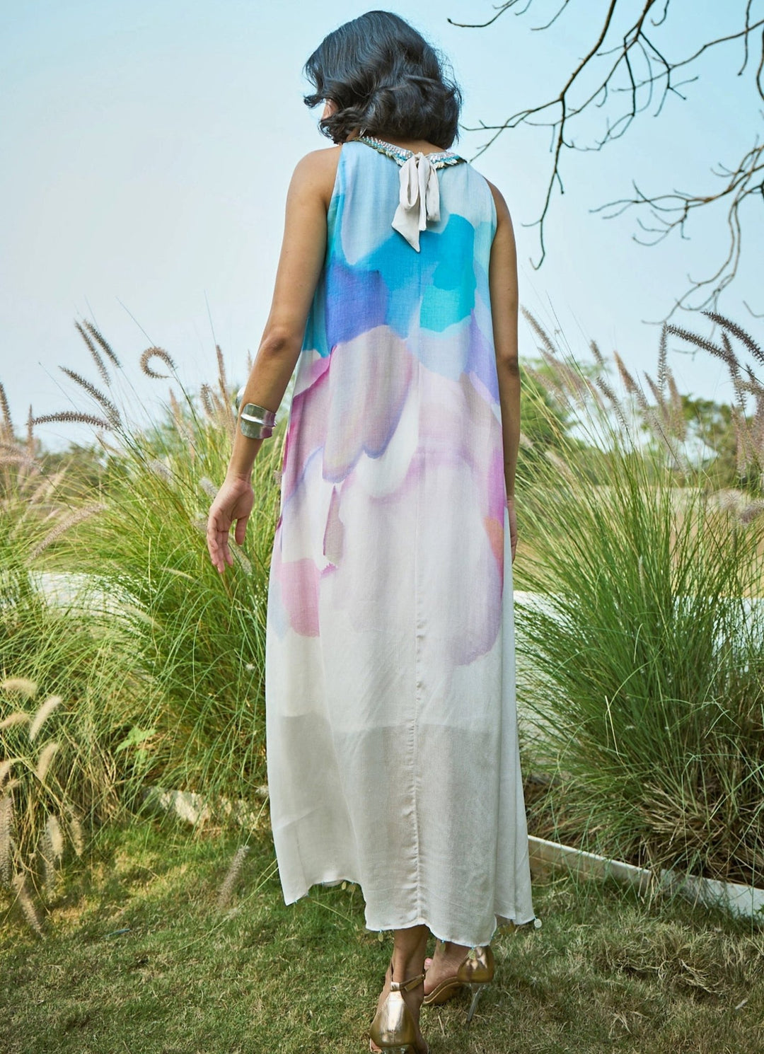 Blue &amp; Off White Chiffon Dress Basil Leaf - Fabilicious Fashion