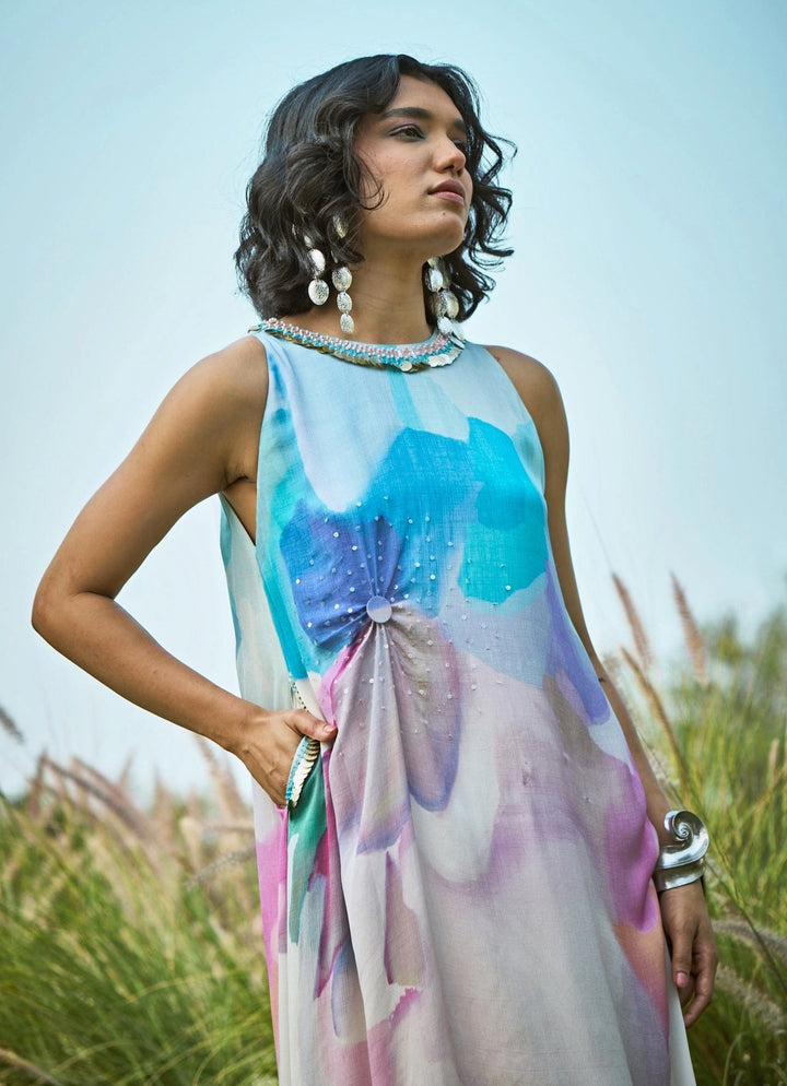 Blue &amp; Off White Chiffon Dress Basil Leaf - Fabilicious Fashion