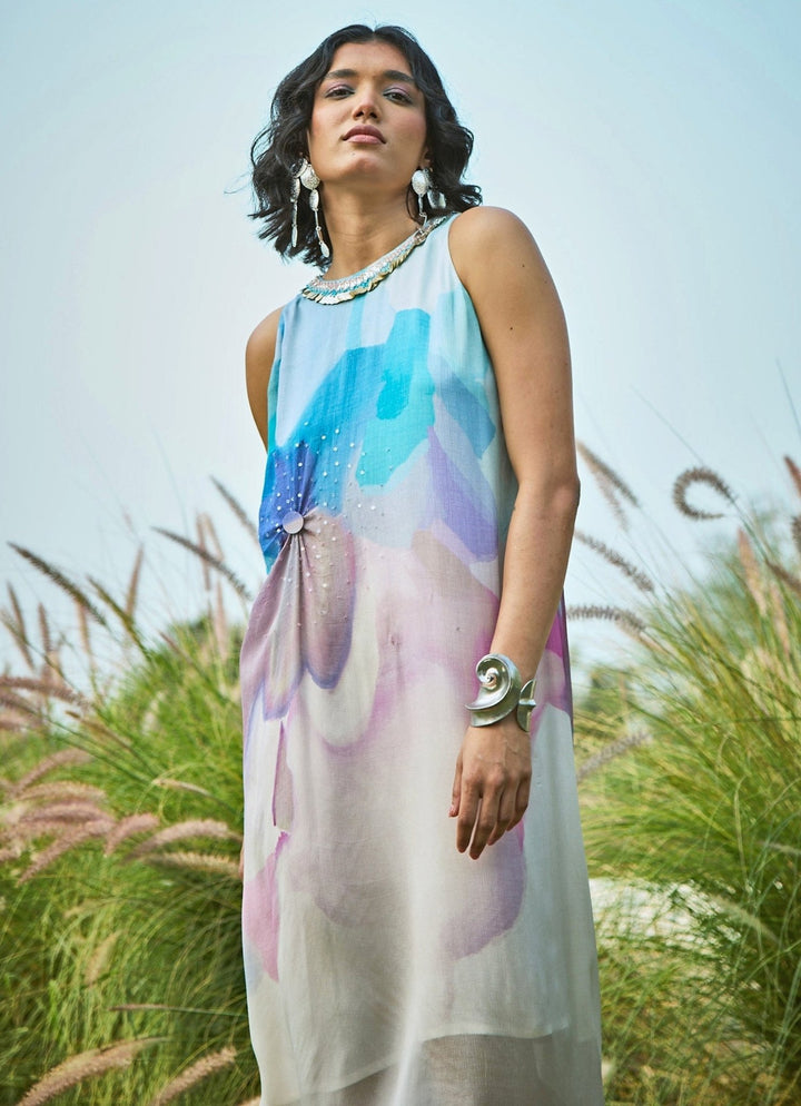 Blue &amp; Off White Chiffon Dress Basil Leaf - Fabilicious Fashion