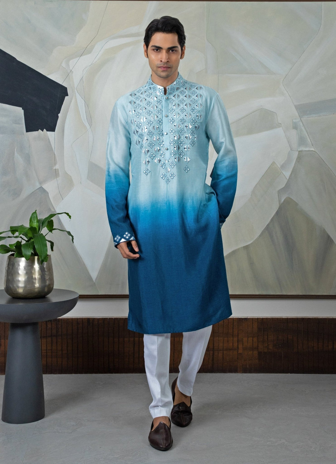 Blue Ombre Embroidered Kurta Pant Set Smriti - Fabilicious Fashion