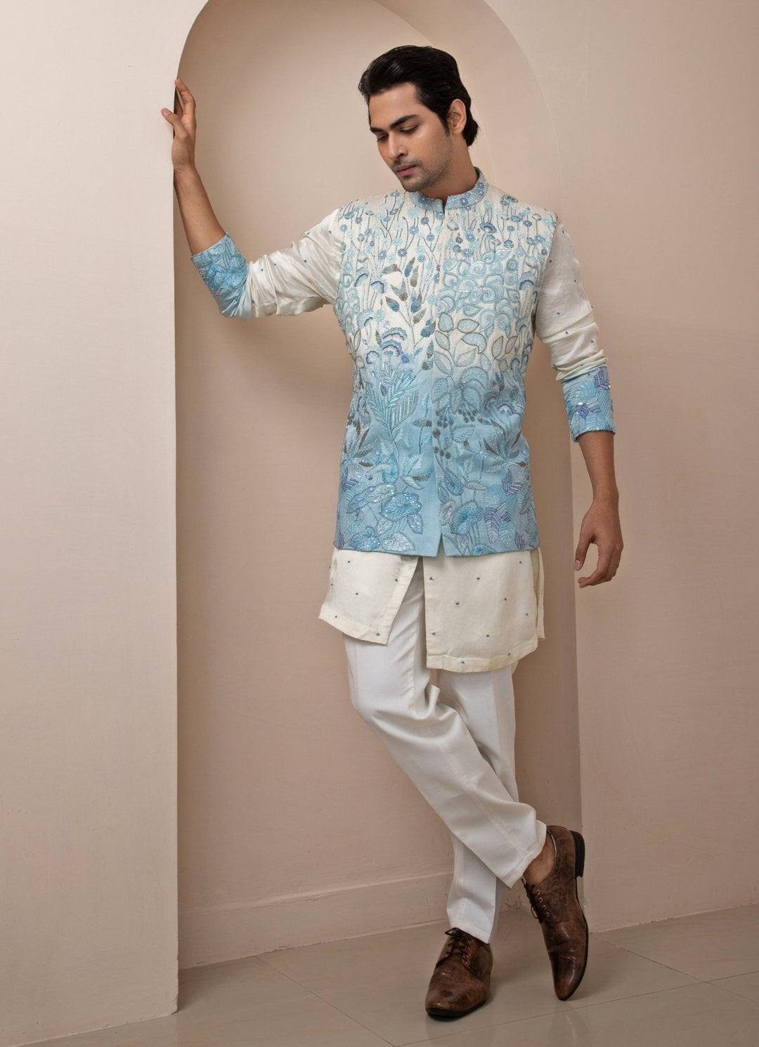 Blue Ombre Embroidered Nehru Jacket With Kurta Set Smriti - Fabilicious Fashion