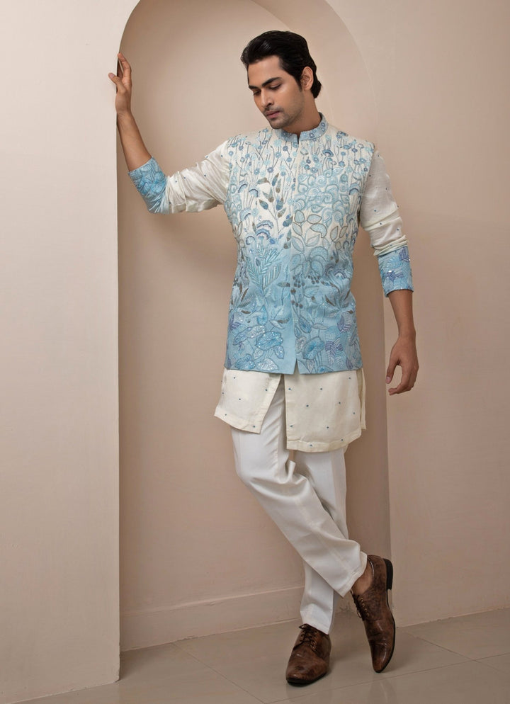 Blue Ombre Embroidered Nehru Jacket With Kurta Set Smriti - Fabilicious Fashion