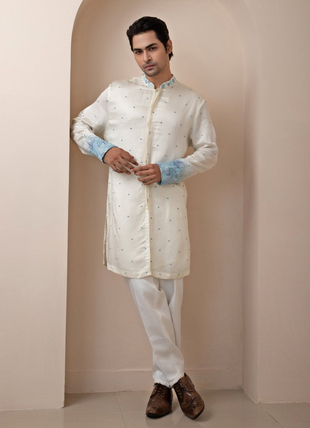 Blue Ombre Embroidered Nehru Jacket With Kurta Set Smriti - Fabilicious Fashion
