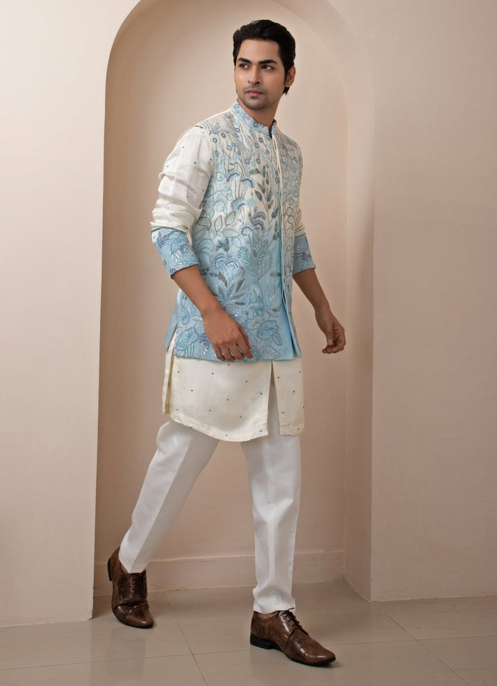 Blue Ombre Embroidered Nehru Jacket With Kurta Set Smriti - Fabilicious Fashion