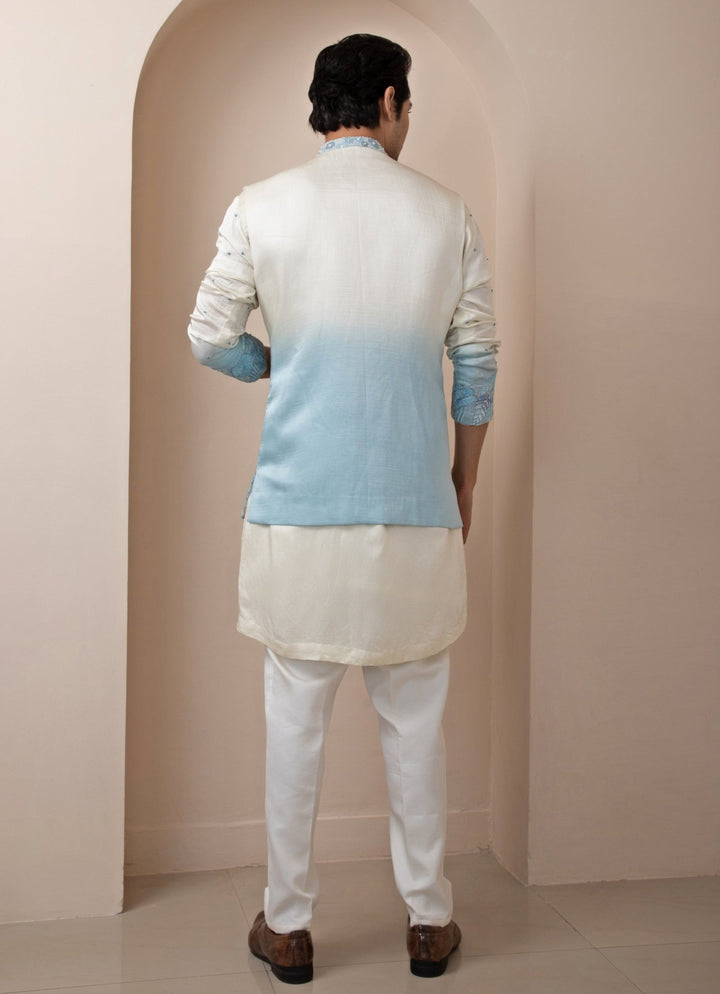 Blue Ombre Embroidered Nehru Jacket With Kurta Set Smriti - Fabilicious Fashion