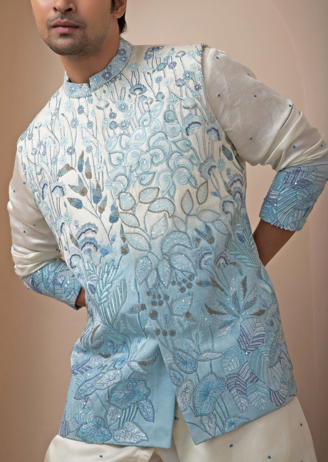Blue Ombre Embroidered Nehru Jacket With Kurta Set Smriti - Fabilicious Fashion