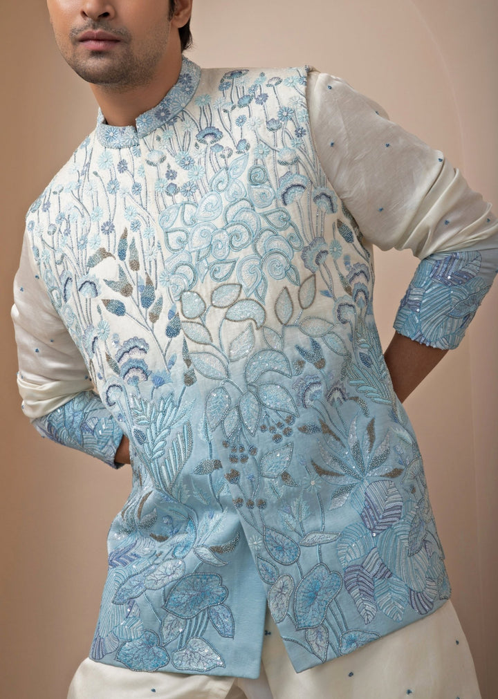 Blue Ombre Embroidered Nehru Jacket With Kurta Set Smriti - Fabilicious Fashion