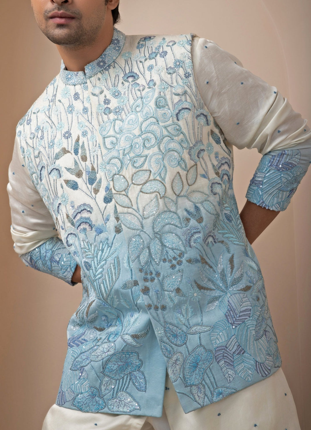 Blue Ombre Embroidered Satin Nehru Jacket Smriti - Fabilicious Fashion