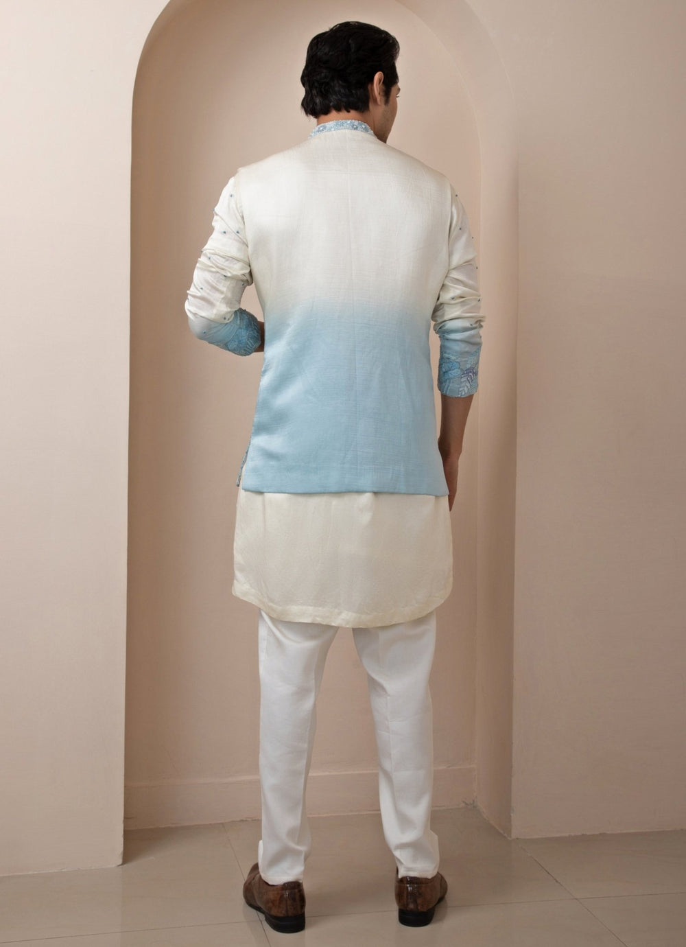 Blue Ombre Embroidered Satin Nehru Jacket Smriti - Fabilicious Fashion