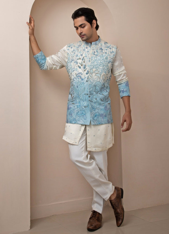 Blue Ombre Embroidered Satin Nehru Jacket Smriti - Fabilicious Fashion