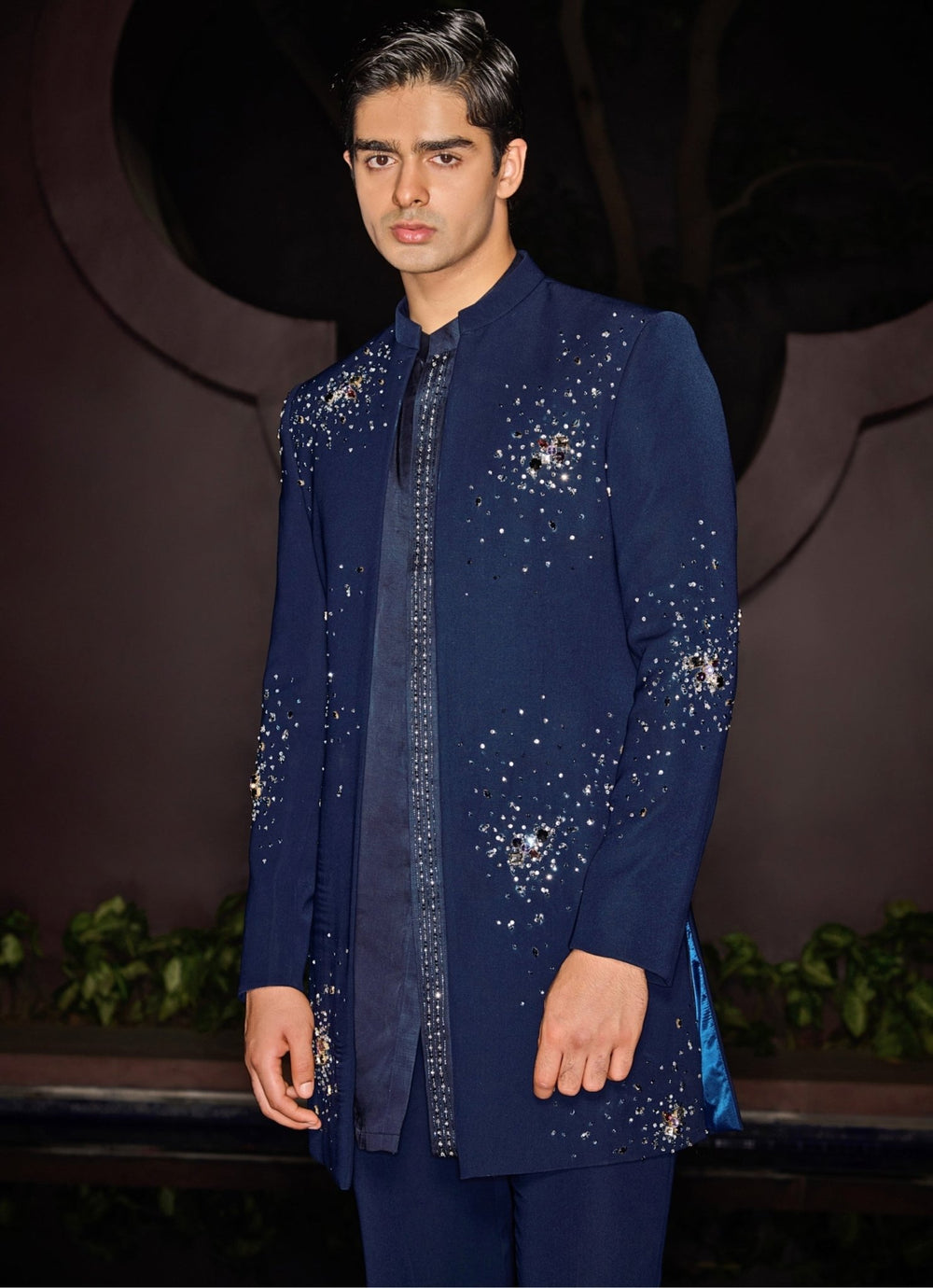 Blue Open Sherwani Set With Embroidered Kurta Contrast By Parth - Fabilicious Fashion