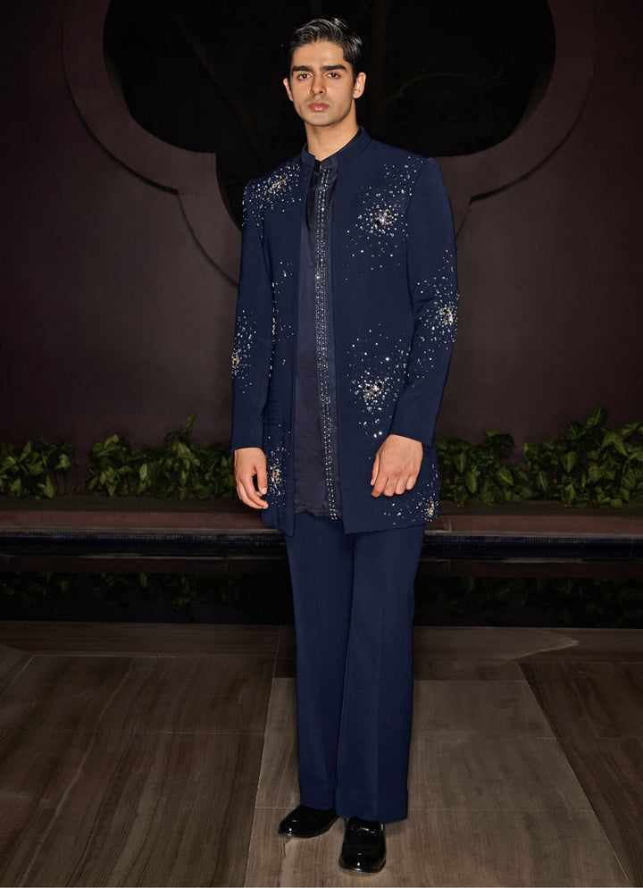 Blue Open Sherwani Set With Embroidered Kurta Contrast By Parth - Fabilicious Fashion