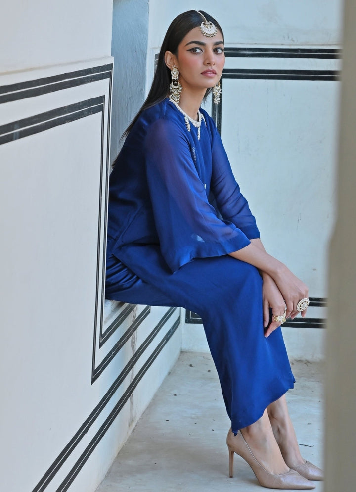 Blue Organza Embroidered Kurta Pant Set Ease - Fabilicious Fashion