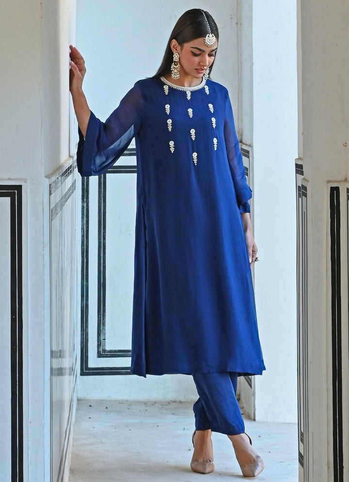 Blue Organza Embroidered Kurta Pant Set Ease - Fabilicious Fashion