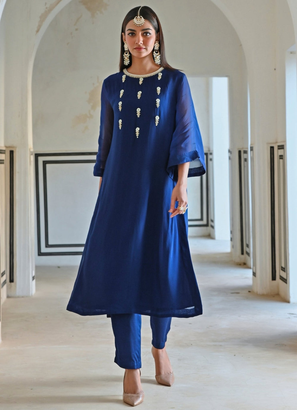 Blue Organza Embroidered Kurta Pant Set Ease - Fabilicious Fashion