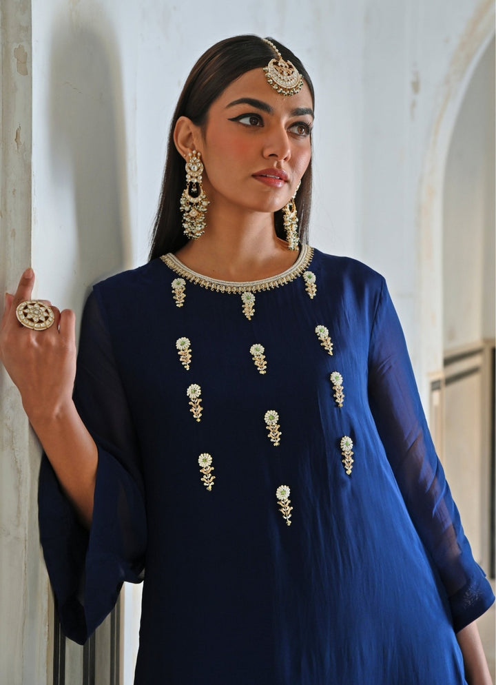 Blue Organza Embroidered Kurta Pant Set Ease - Fabilicious Fashion