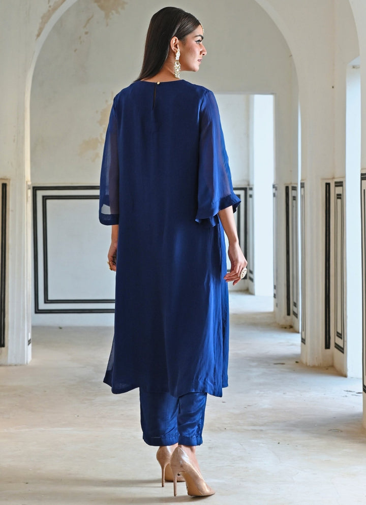Blue Organza Embroidered Kurta Pant Set Ease - Fabilicious Fashion