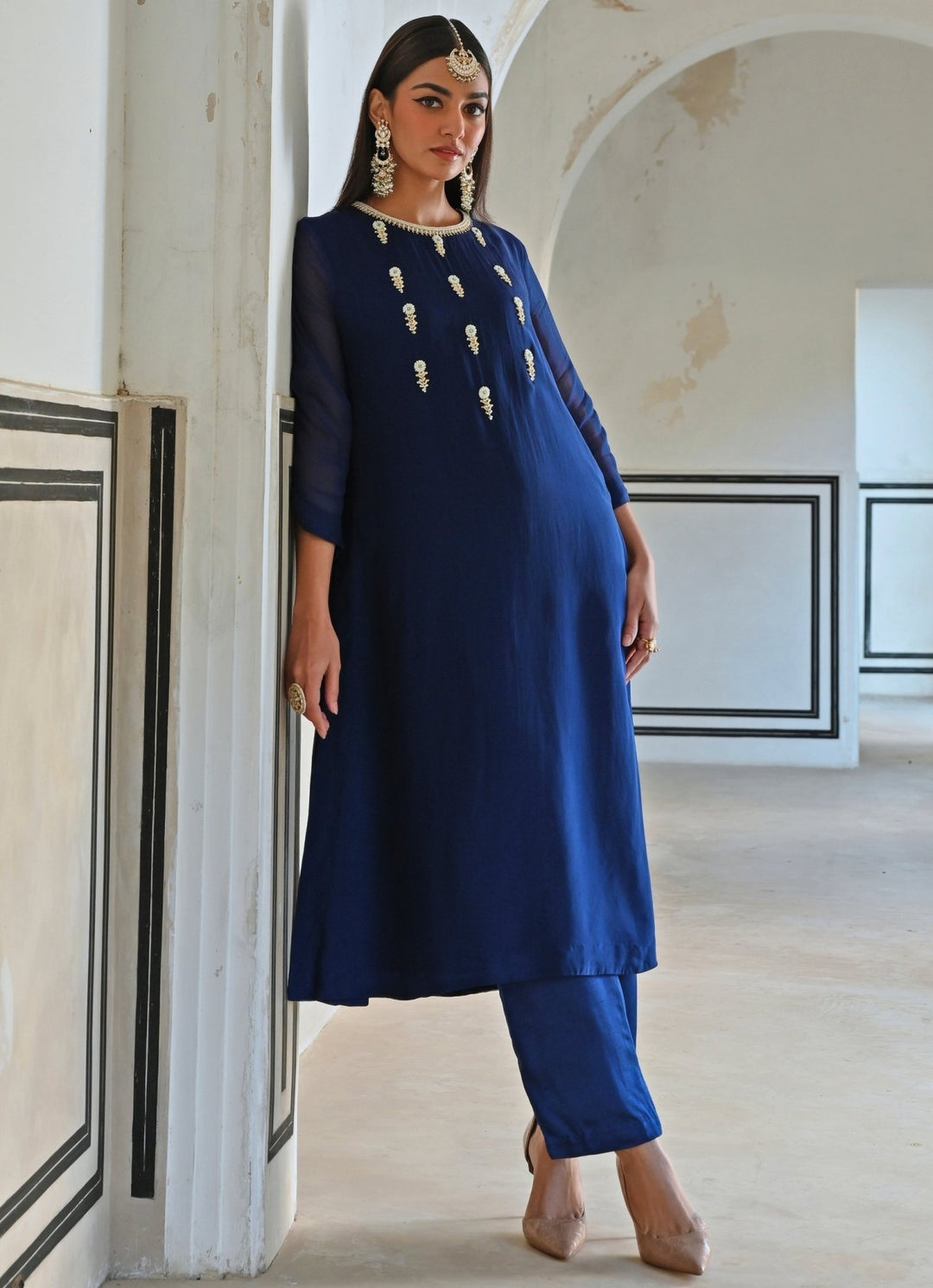 Blue Organza Embroidered Kurta Pant Set Ease - Fabilicious Fashion