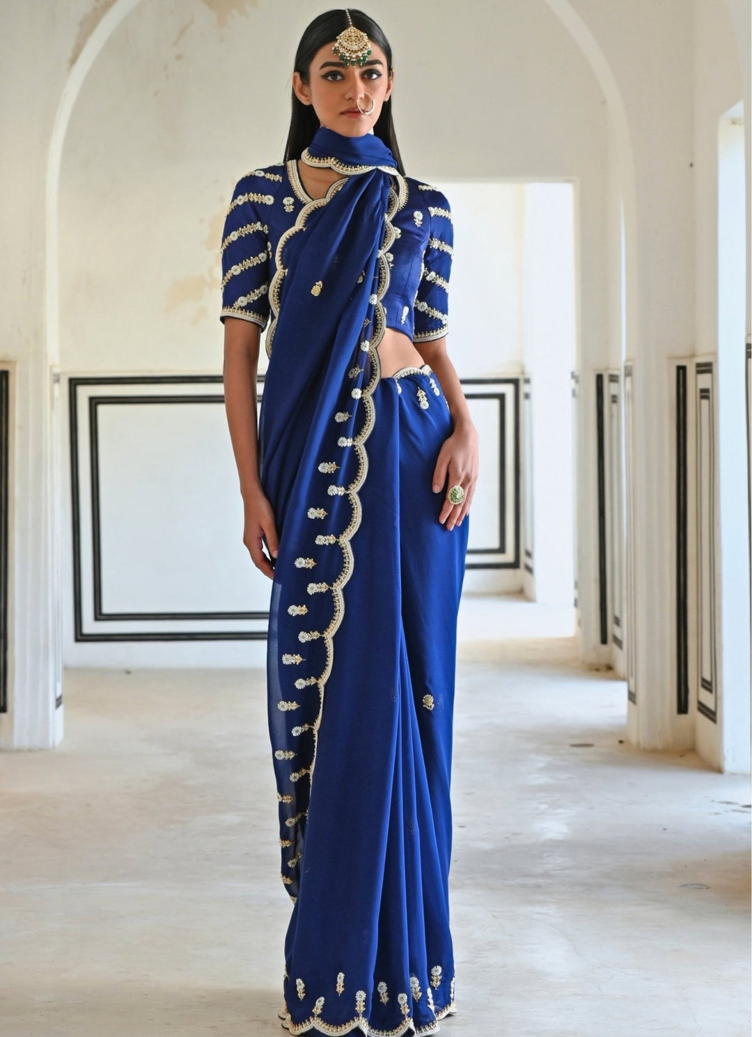 Blue Organza Embroidered Saree Set Ease - Fabilicious Fashion