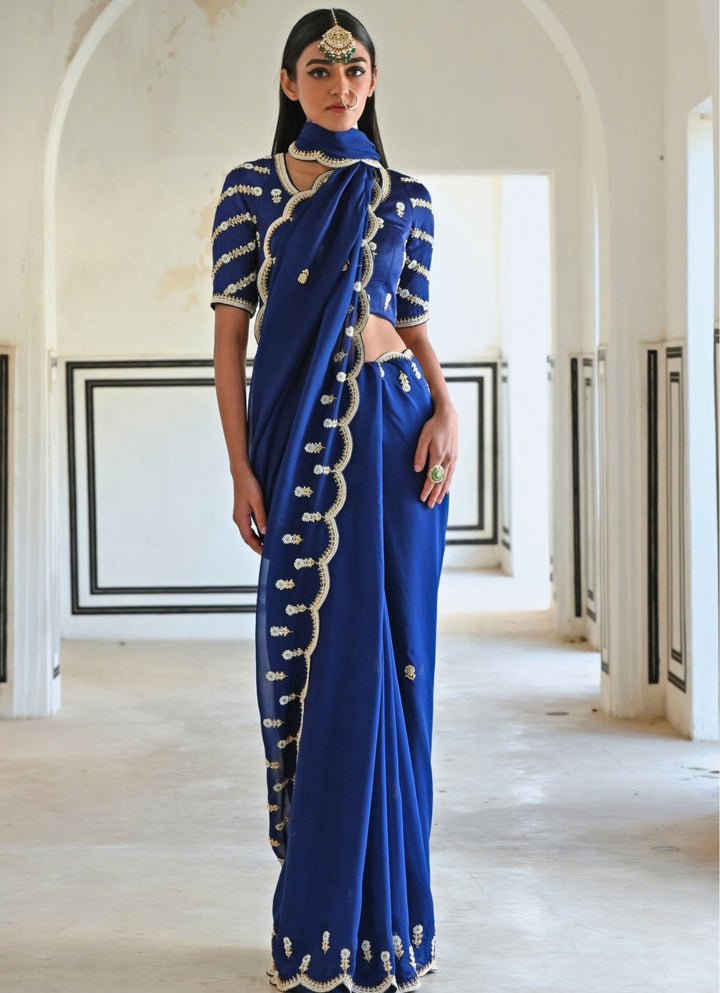 Blue Organza Embroidered Saree Set Ease - Fabilicious Fashion