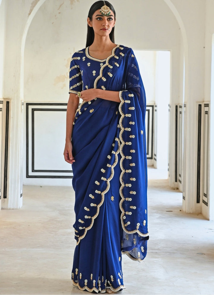 Blue Organza Embroidered Saree Set Ease - Fabilicious Fashion