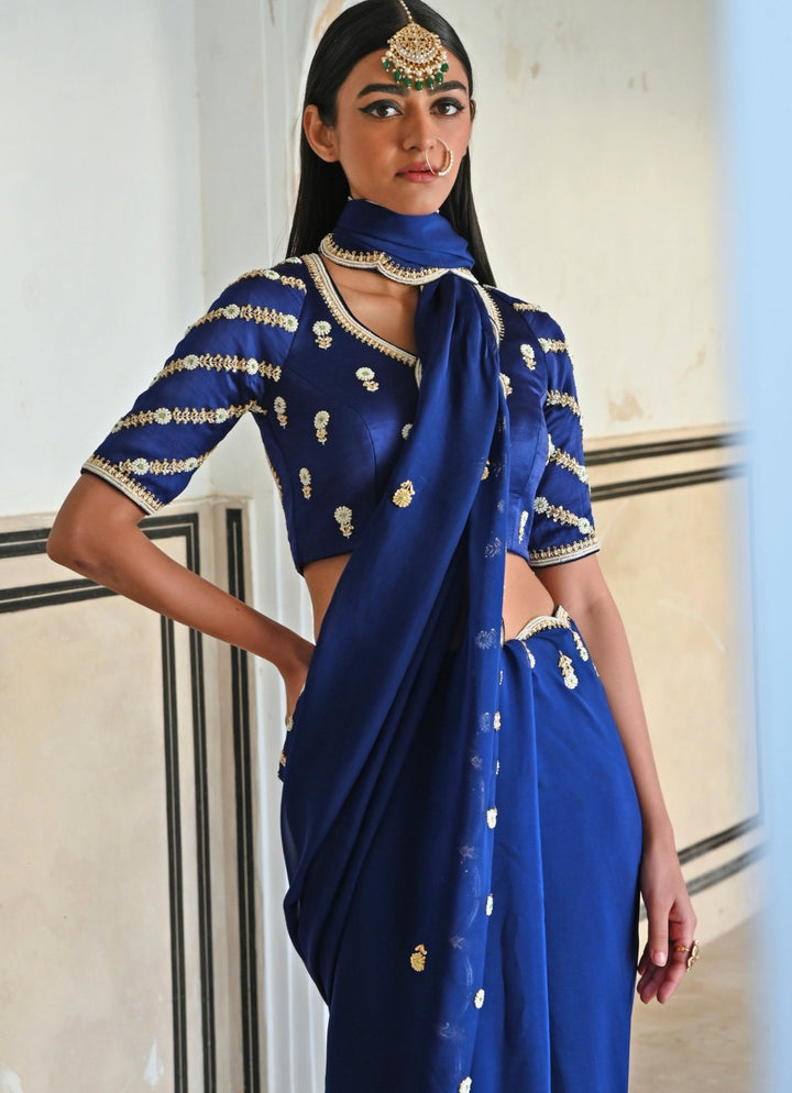 Blue Organza Embroidered Saree Set Ease - Fabilicious Fashion