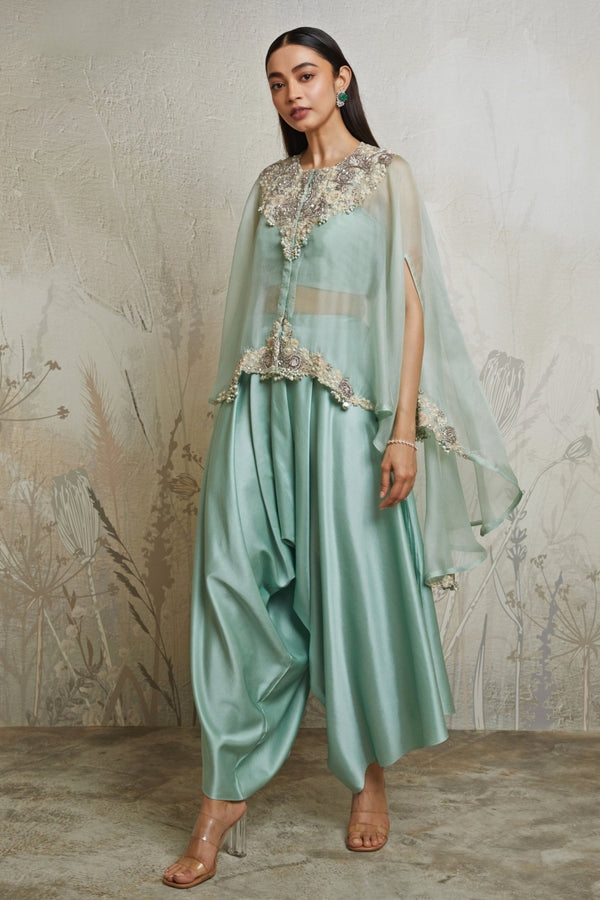 Blue organza kaftan pants set by Prisho
