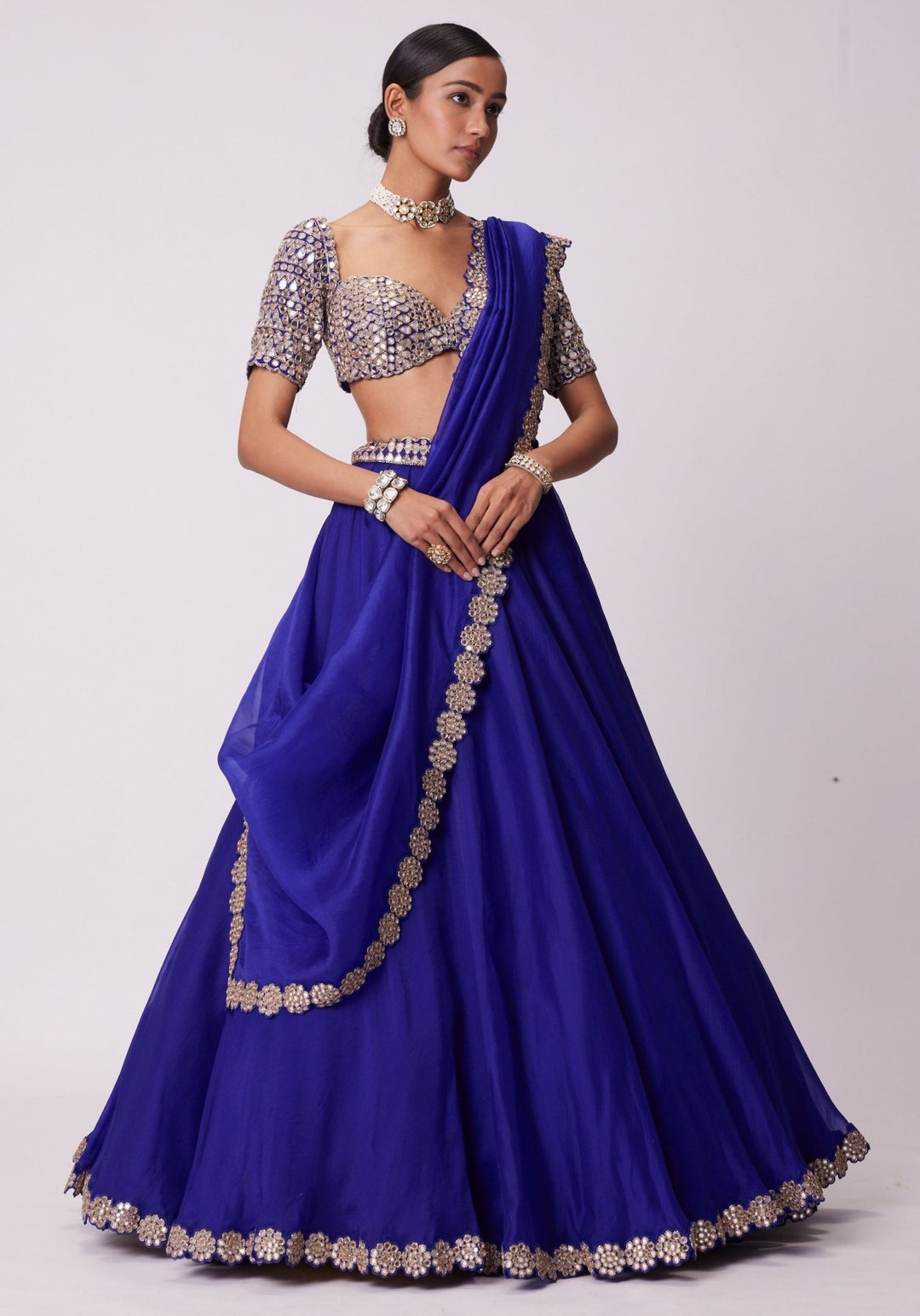 Blue Organza Lehenga With Embroidered Elbow Sleeves Blouse Vvani by Vani Vats - Fabilicious Fashion