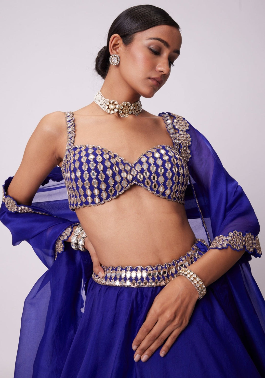 Blue Organza Lehenga With Embroidered Sleeveless Blouse Vvani by Vani Vats - Fabilicious Fashion