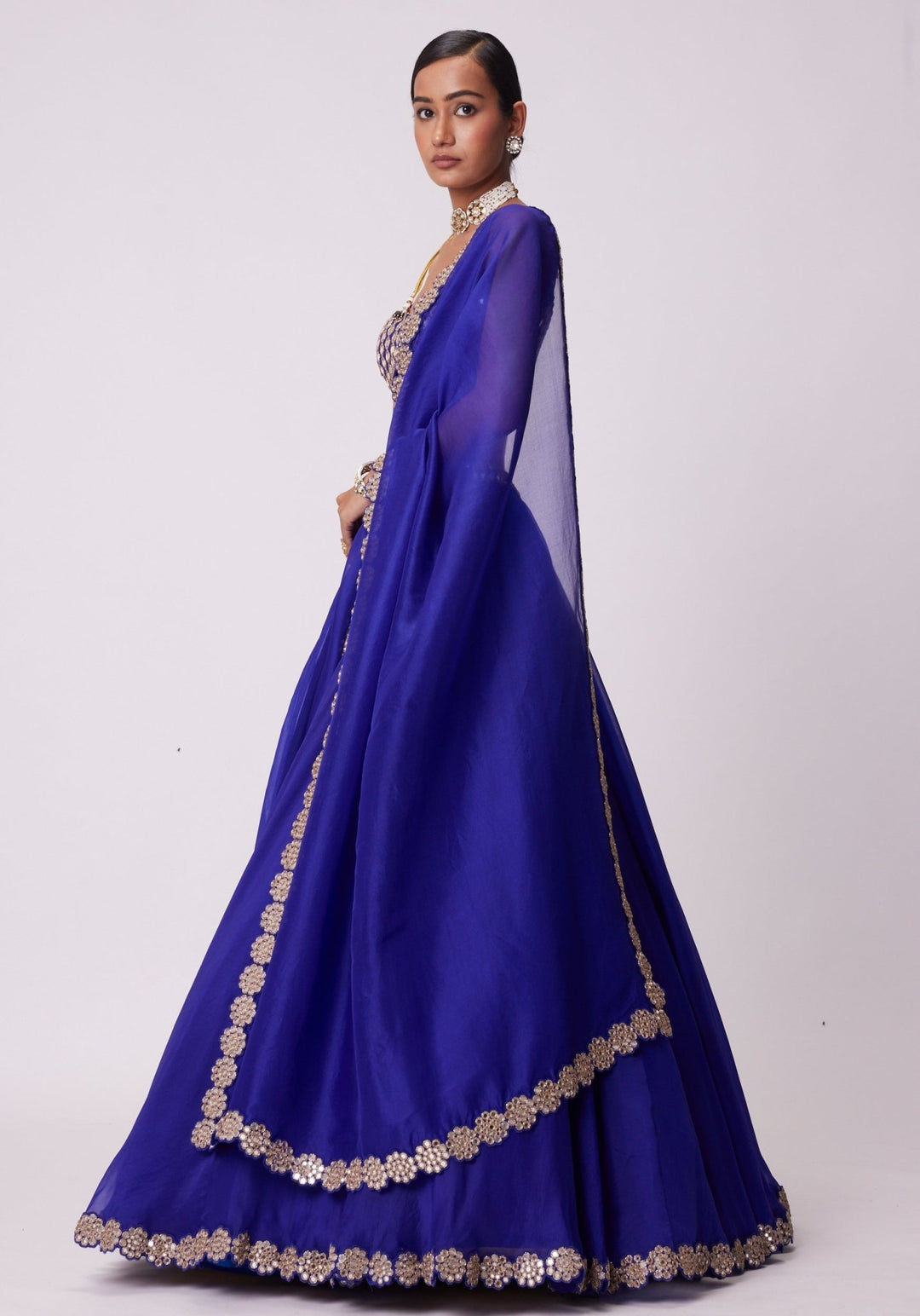 Blue Organza Lehenga With Embroidered Sleeveless Blouse Vvani by Vani Vats - Fabilicious Fashion