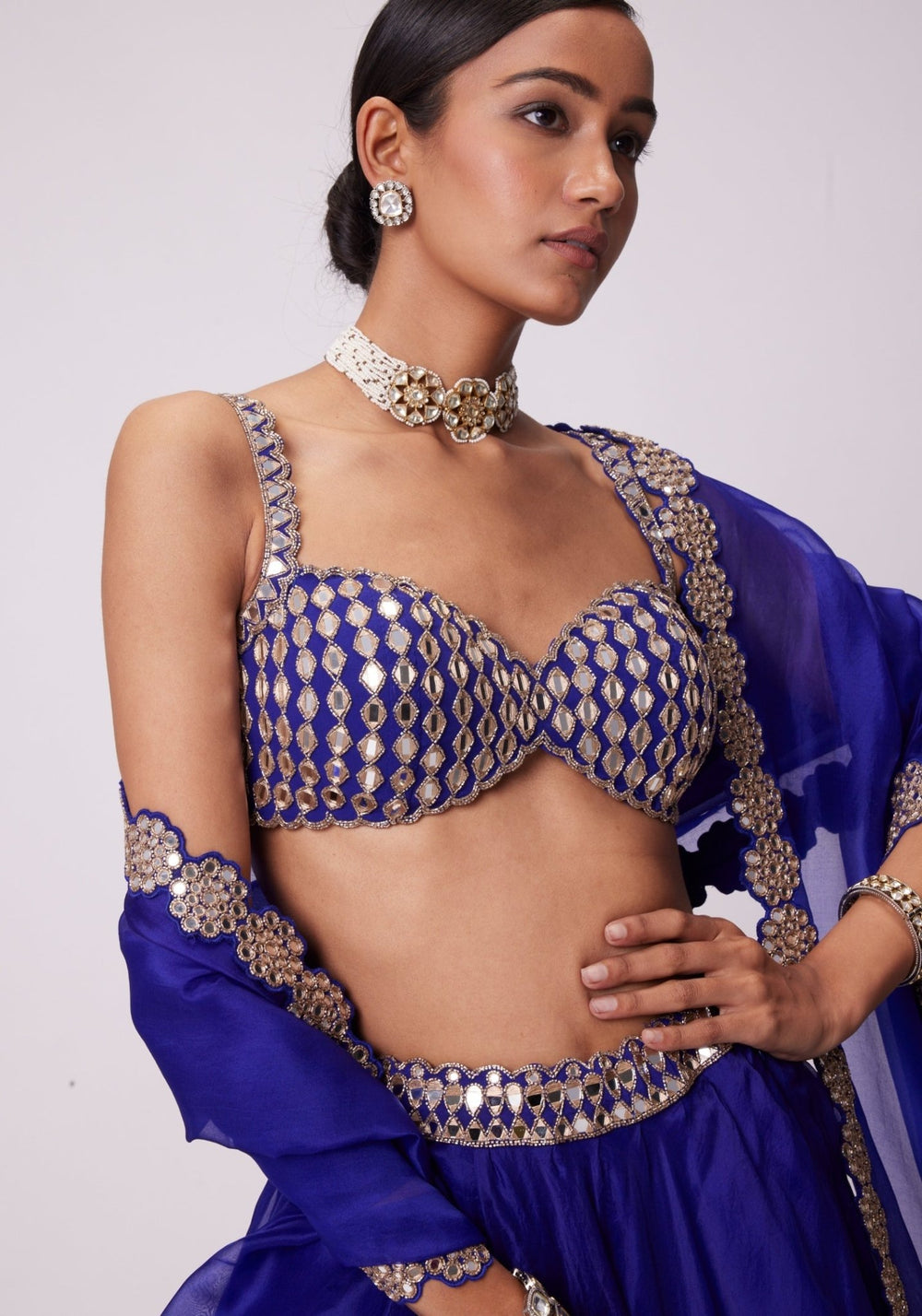 Blue Organza Lehenga With Embroidered Sleeveless Blouse Vvani by Vani Vats - Fabilicious Fashion