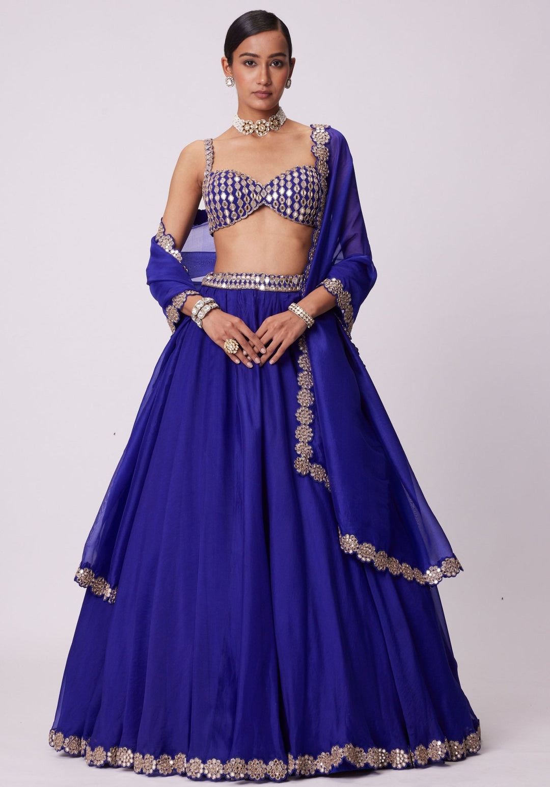 Blue Organza Lehenga With Embroidered Sleeveless Blouse Vvani by Vani Vats - Fabilicious Fashion