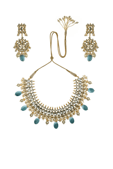 Blue Oval Shape Necklace Set Riana by Shikha Jindal - Fabilicious Fashion