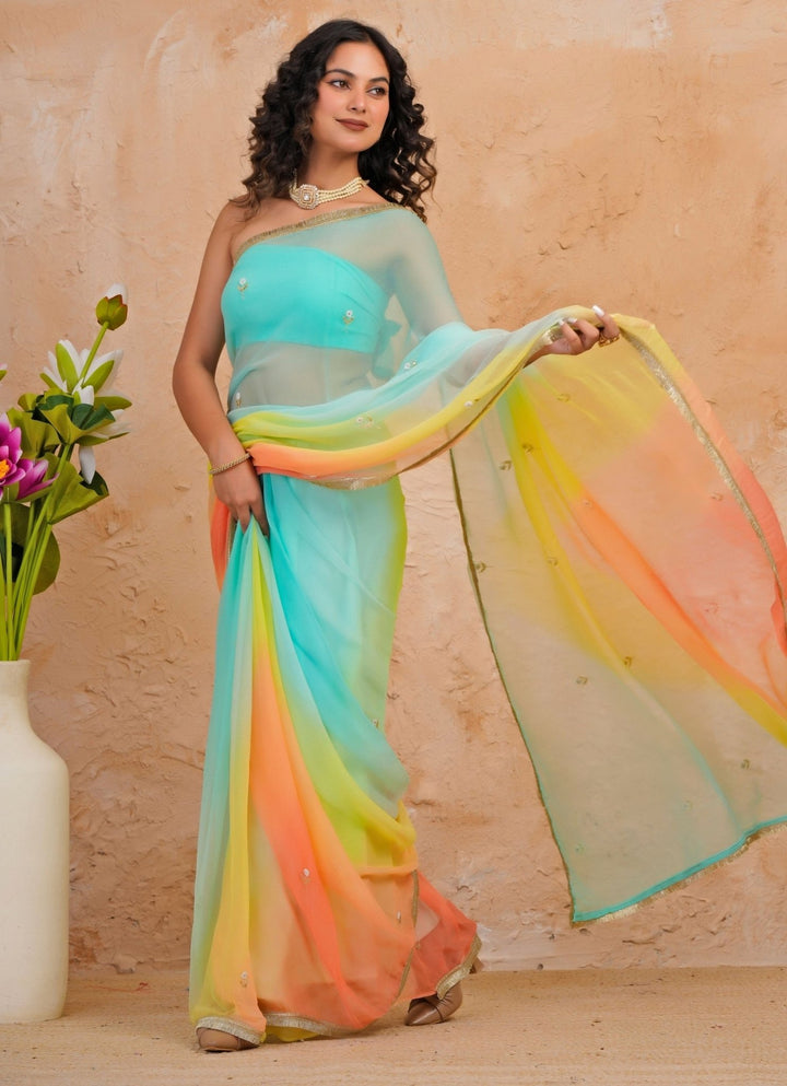 Geroo Jaipur Blue &amp; Peach Shaded Chiffon SareeFabilicious Fashion