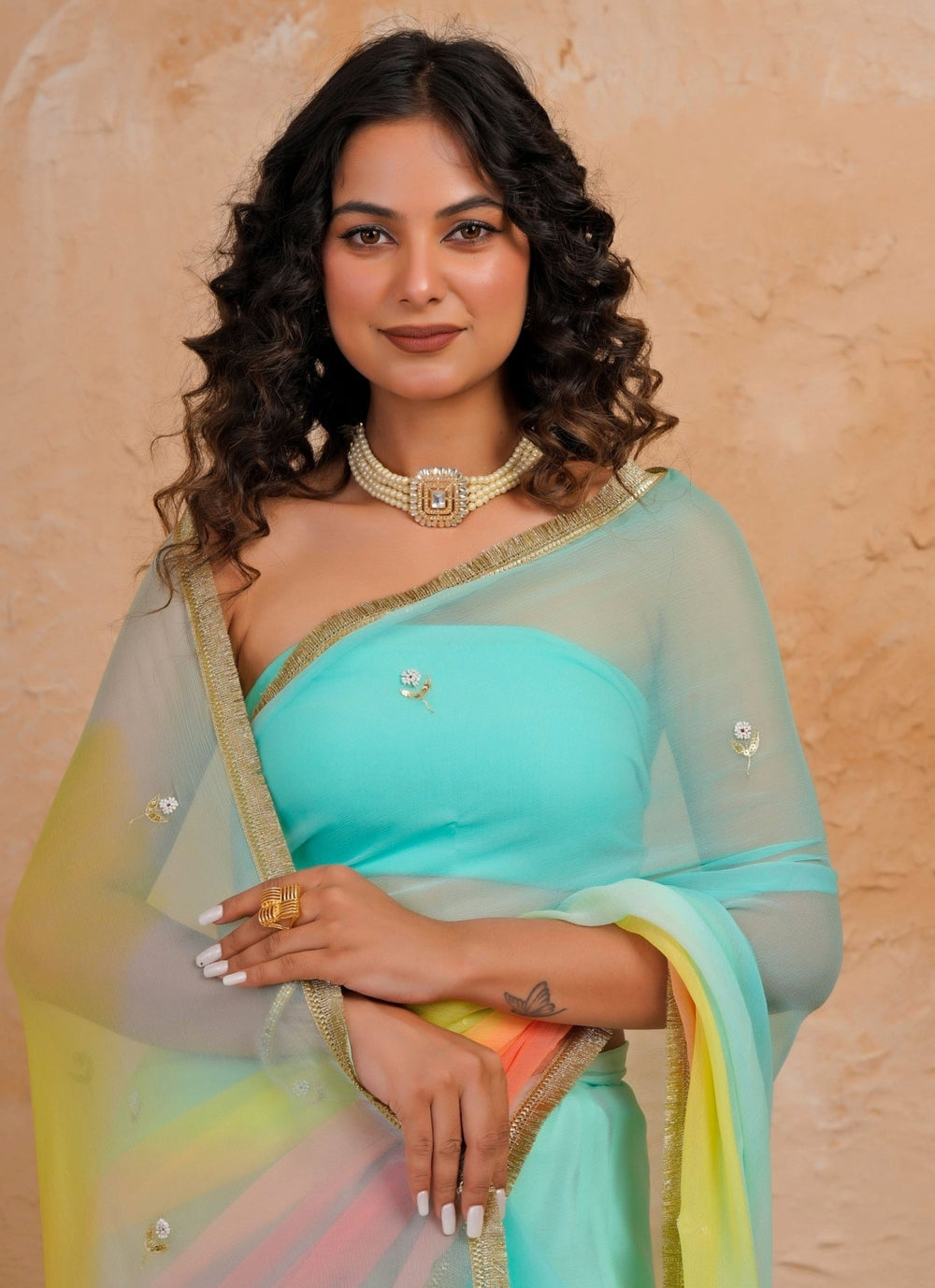 Geroo Jaipur Blue & Peach Shaded Chiffon SareeFabilicious Fashion