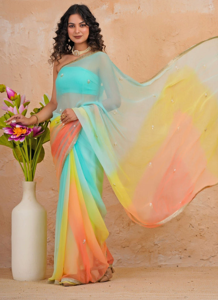 Geroo Jaipur Blue &amp; Peach Shaded Chiffon SareeFabilicious Fashion