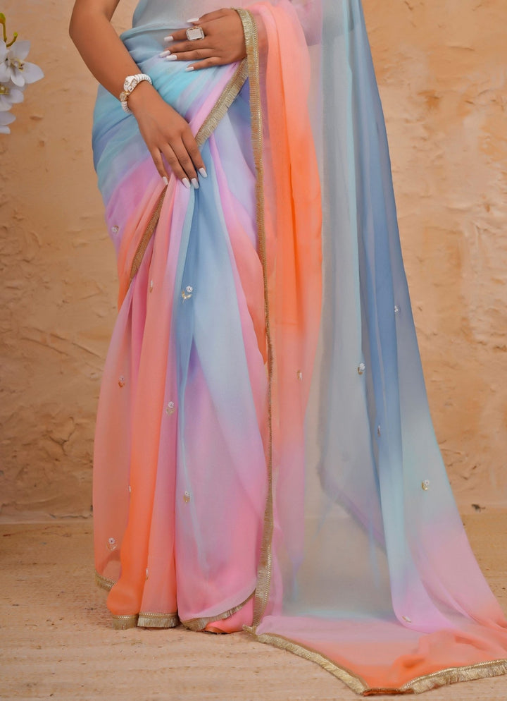 Geroo Jaipur Blue &amp; Pink Shaded Chiffon SareeFabilicious Fashion