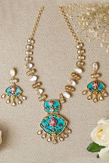 Blue Polki Necklace and Earrings Zevar by Geeta - Fabilicious Fashion