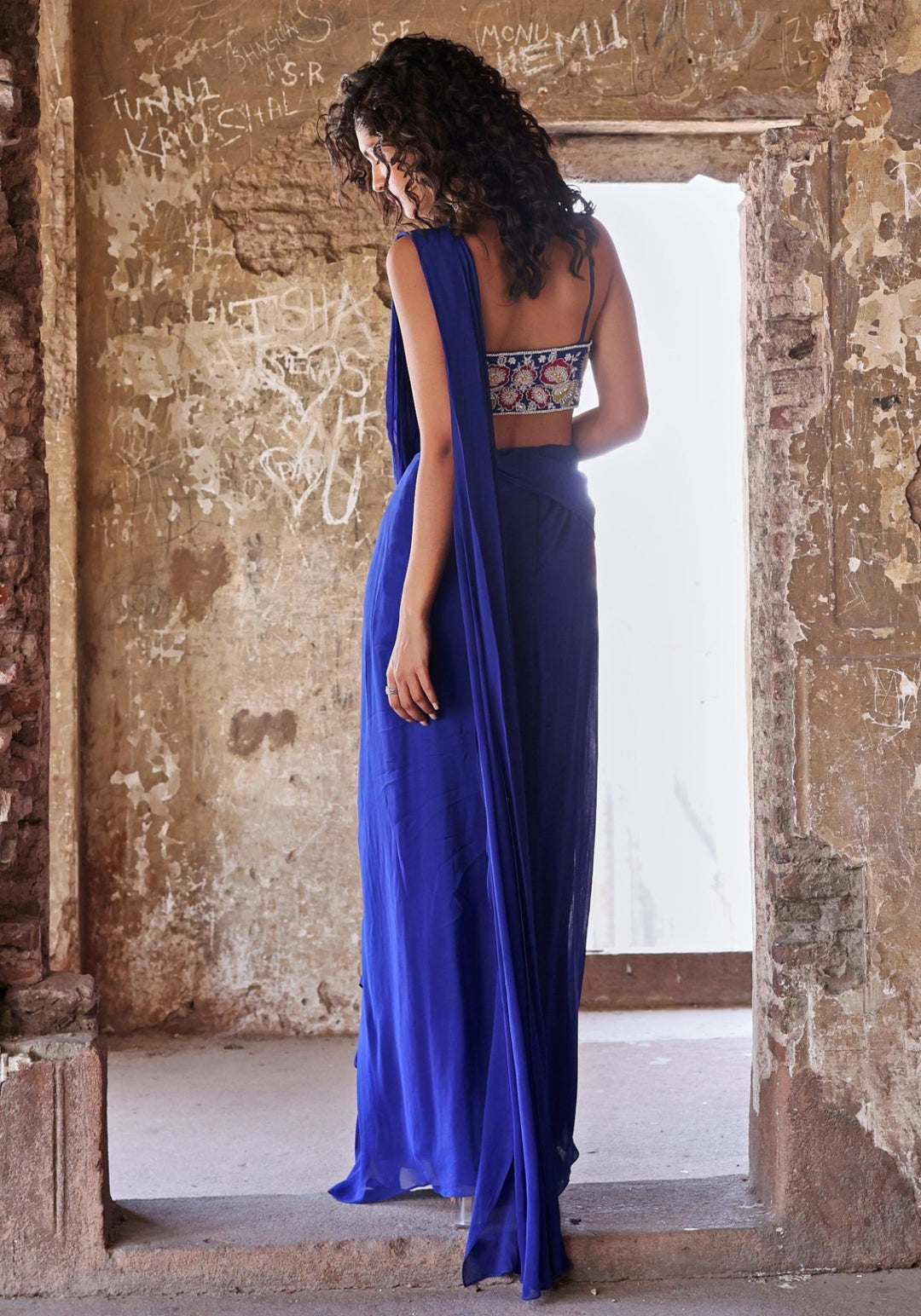 Blue Pre-Draped Concept Saree set Seema Thukral - Fabilicious Fashion