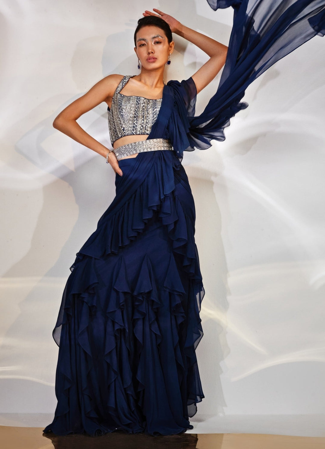 Blue Pre - Draped Georgette Saree Set Akara - Fabilicious Fashion
