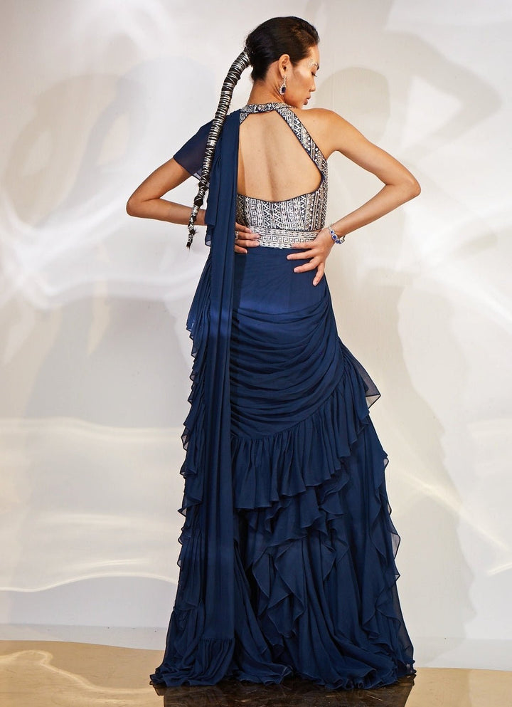 Blue Pre - Draped Georgette Saree Set Akara - Fabilicious Fashion
