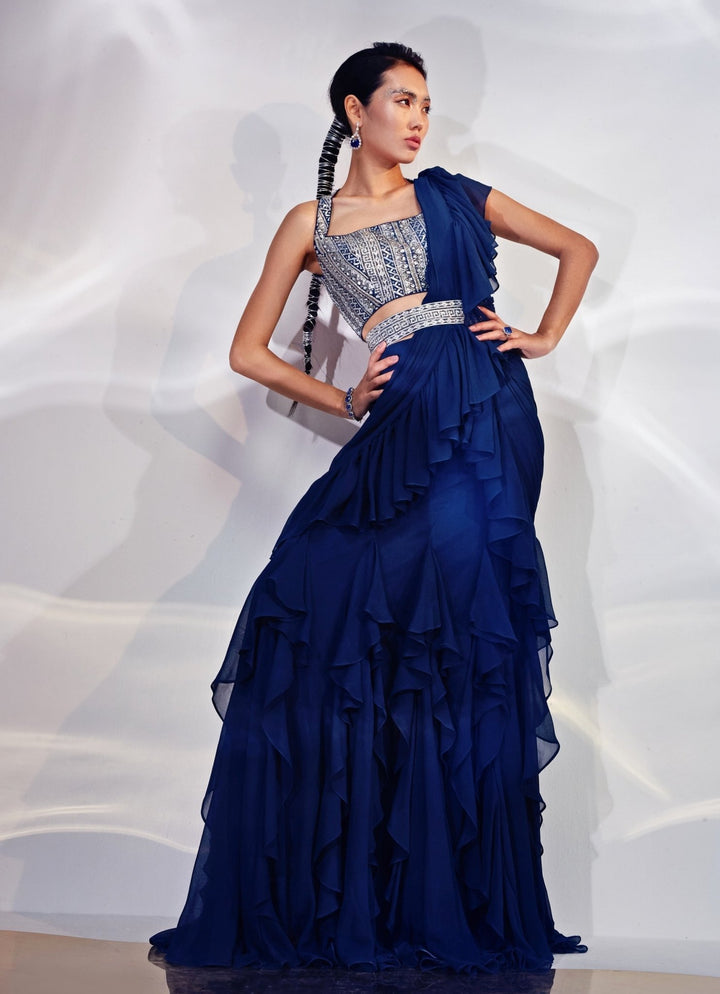 Blue Pre - Draped Georgette Saree Set Akara - Fabilicious Fashion